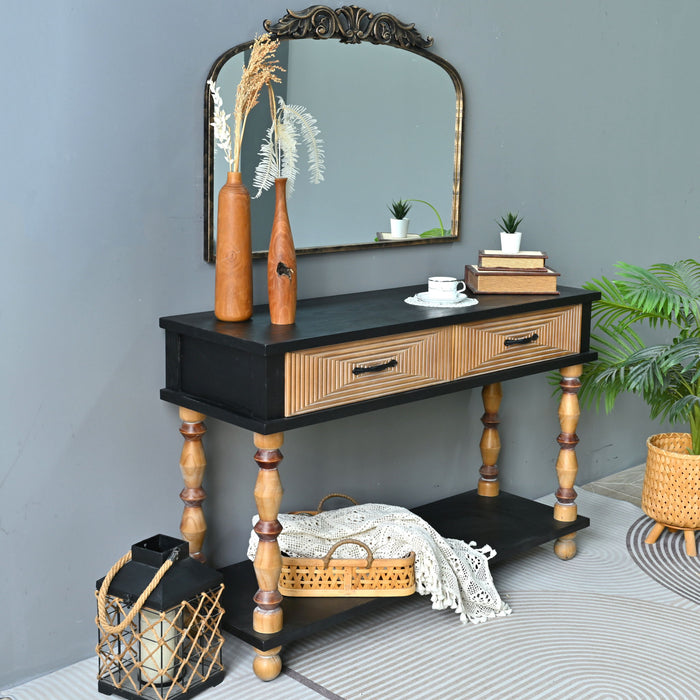 Accent Carved Console Table With Open Shelf And 2 Drawers Living Room - Black / Natural Wood Wash