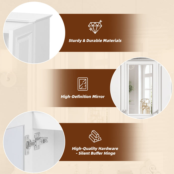Wall Mounted Mirror Cabinet With 5 Adjustable Shelves, Rectangular Storage For Bathroom - White