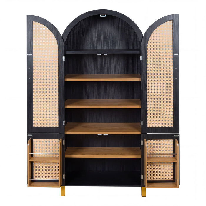 Tall Arched Cabinet With Rattan Doors & Adjustable Shelves