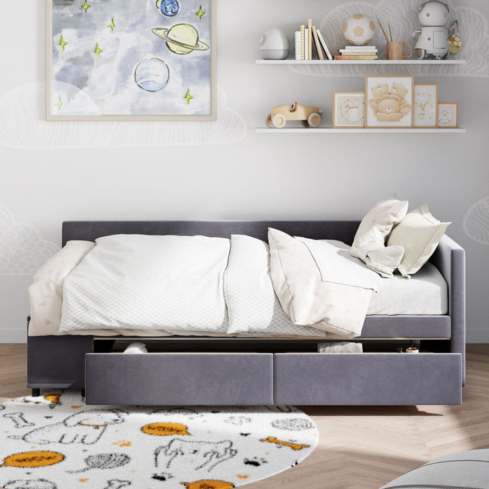 L Shaped Upholstered Platform Bed With Storage And Drawers