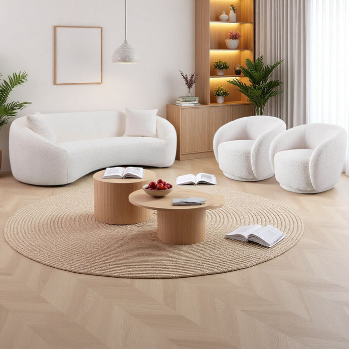 3 Piece Set Curved Sofa, Upholstered 3 Seater With Tight Curved Back For Living Room - White