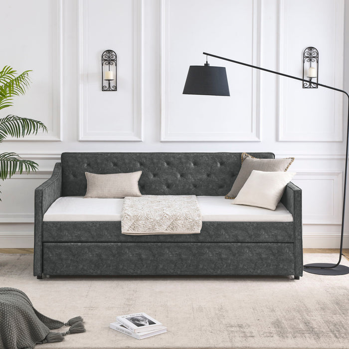 Twin Upholstered Daybed With Trundle, Waved Arms - Gray