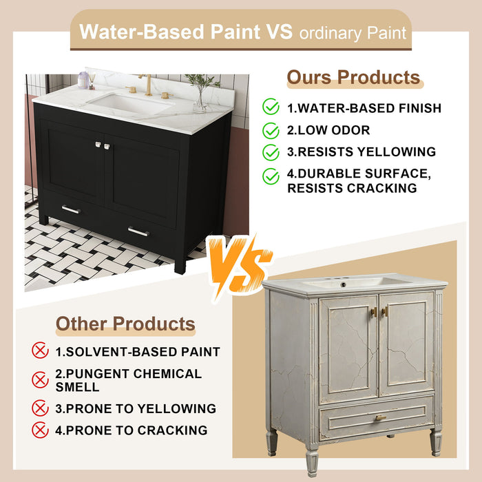 Bathroom Vanity Set, Fluted Cabinet, Soft Close Doors & Drawers, 3 Faucet Holes, Sink Included - Black