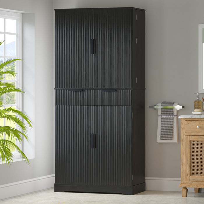 Fluted Kitchen Pantry Cabinet With 3 Keyboard Drawers & 6 Adjustable Door Shelves