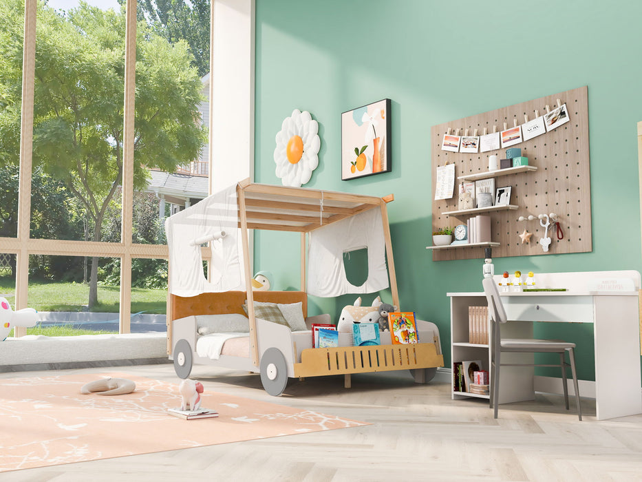 Twin Size Car Bed & Pillow, Ceiling Cloth And LED - Natural