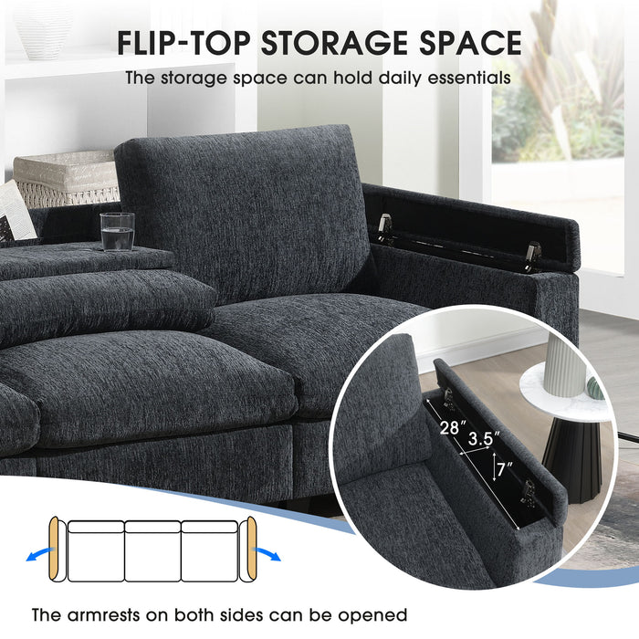 Sectional With Bluetooth Speaker Comfy Cloud Couch Set With Drop Down Table Cup Holders, USB Charger Storage Armrest Wide Seat Sofa
