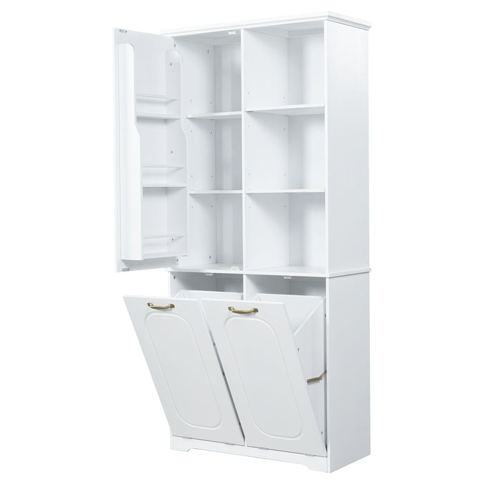 Freestanding Tall Storage Cabinet With 2 Tilt Out Hampers