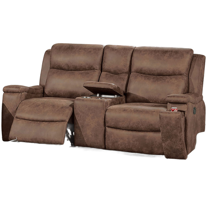 1 Piece Manual Motion Loveseat Hidden Cup Holder Console With Plush Back Cushion For Living Room - Walnut