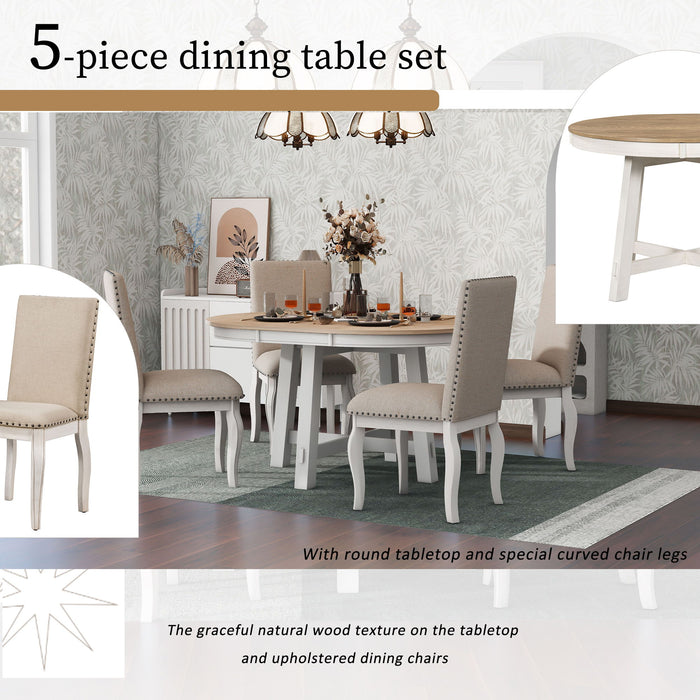 Round Extendable Dining Table Set With 4 Upholstered Chairs