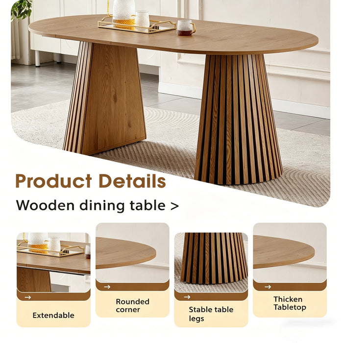 Dining Table, Flexible Extendable Oval Design With Slatted Legs - Natural Wood