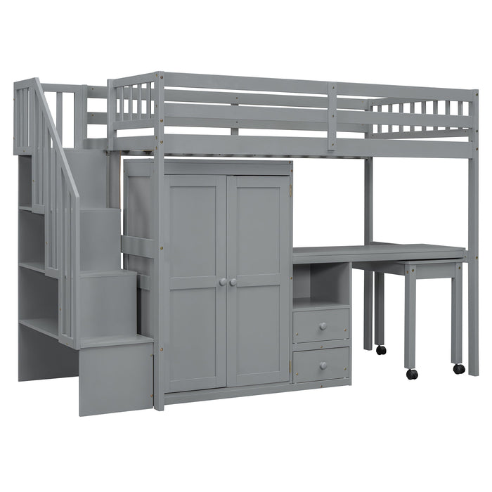 Loft Bed With Stairs, Bookshelf, Drawers, Desk & Wardrobe, Space Saving Multifunctional Furniture