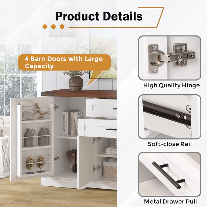 Barn Door Storage Cabinet With 2 Drawers & Door Rack, Adjustable Shelves