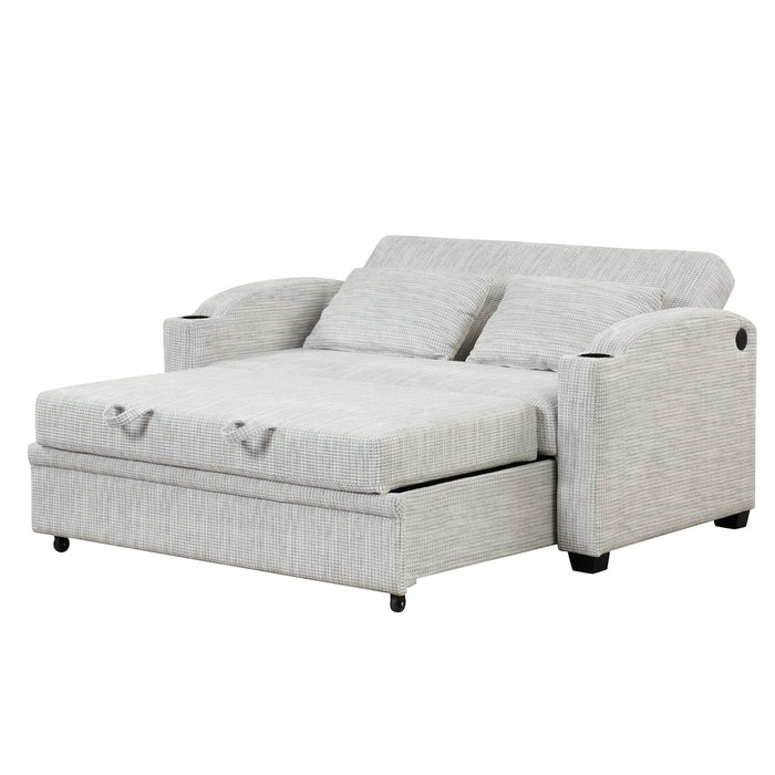 Pull Out Loveseat Sofa With Adjsutable Backrest, 2 Pillows, Cup Holders, USB Ports For Living Room