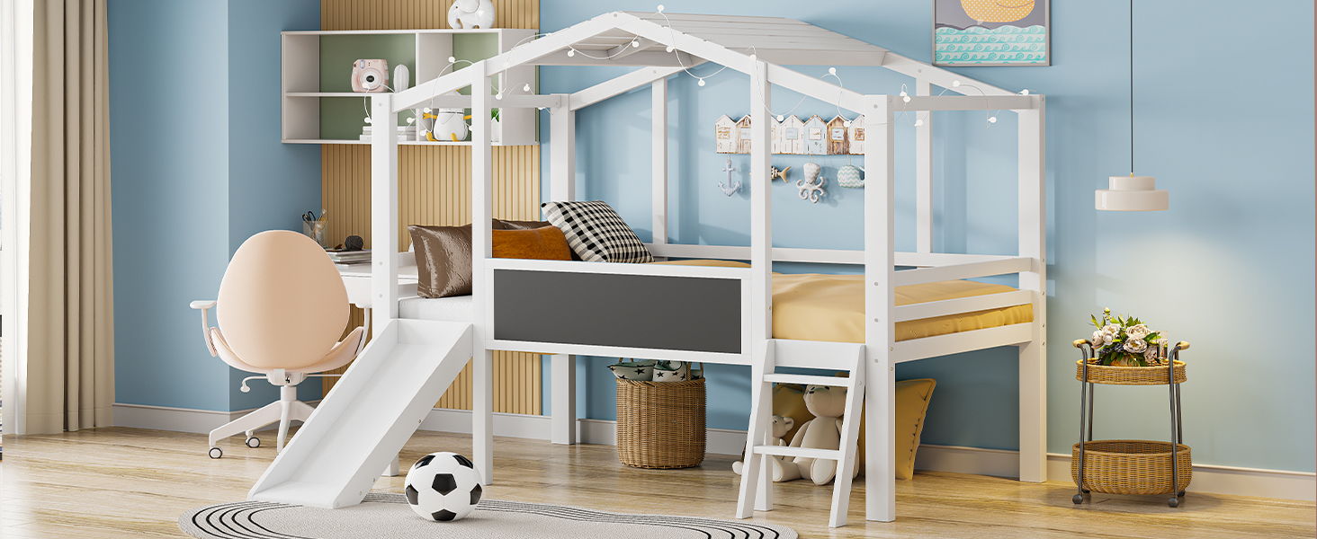 Loft House Bed With Ladder And Slide, With Blackboard And Light Strip On The Roof