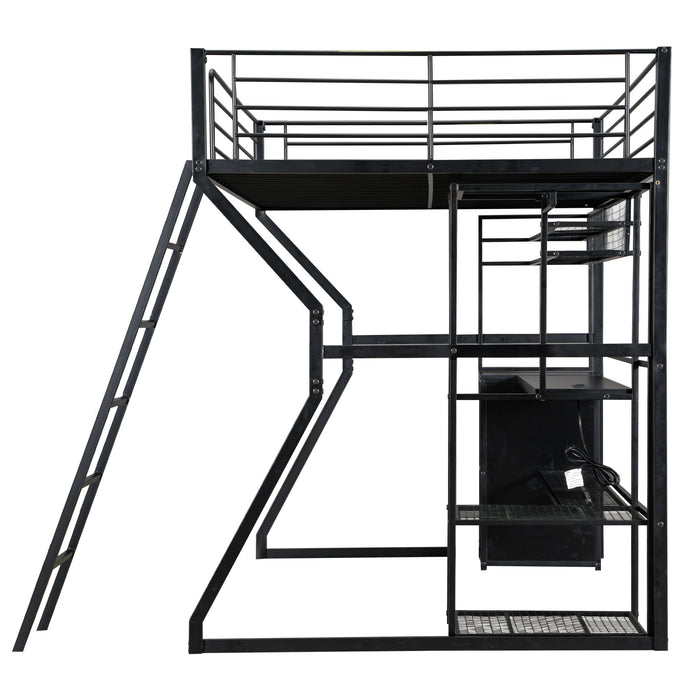 Full Size Gaming Loft Bed With Built In Work Station, Open Wardrobe, LED And Multiple Storage - Black