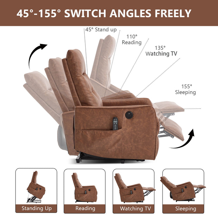 Single Motor Power Lift Recliner Chair With Massage And Heat, USB For Charging - Brown