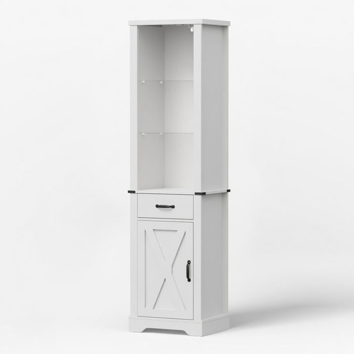 Pantry Cabinet With LED Lights And Barn Door With Tempered Glass Shelves - White