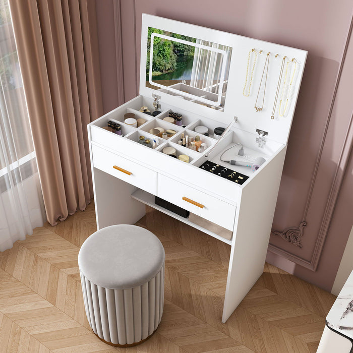 Flip Top Vanity Desk With LED Mirror & Outlet Makeup Table With 2 Drawers, Open Storage, And Jewelry Hooks - White