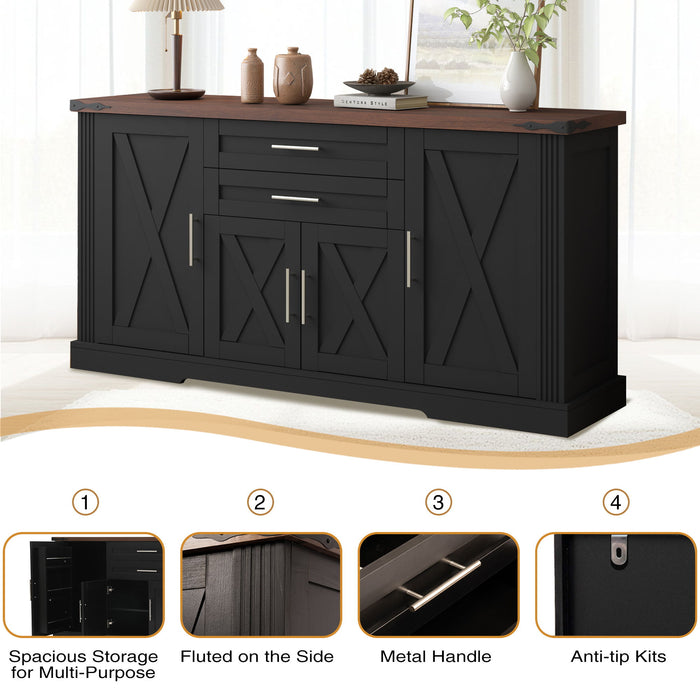 Barn Door Storage Cabinet With 2 Drawers & Door Rack, Adjustable Shelves