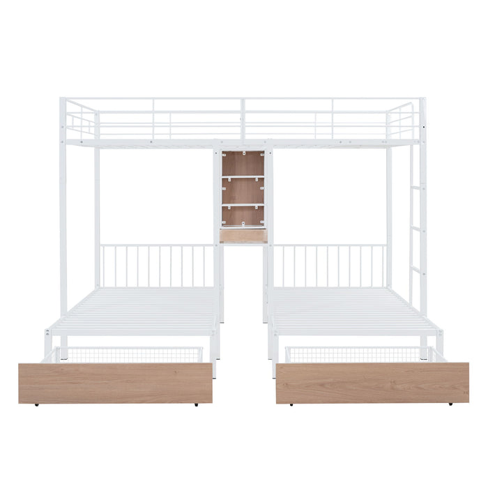 Triple Bunk Bed With Drawers, Multi-Functional Frame With Desks And Shelves In The Middle