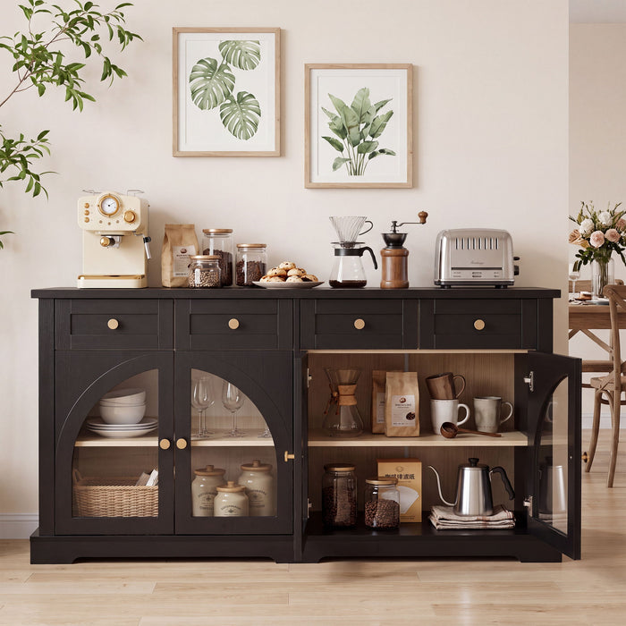 Sideboard Cabinet With 4 Drawers And 4 Arched Doors, Accent Storage Cabinet With Adjustable Shelves For Dining Room - Black