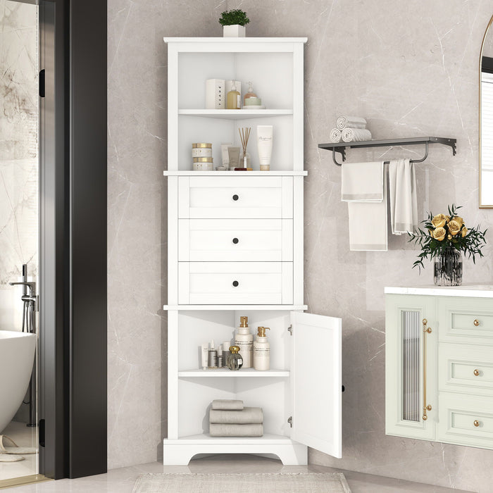 Tall Storage Cabinet With 3 Drawers And Adjustable Shelves For Bathroom