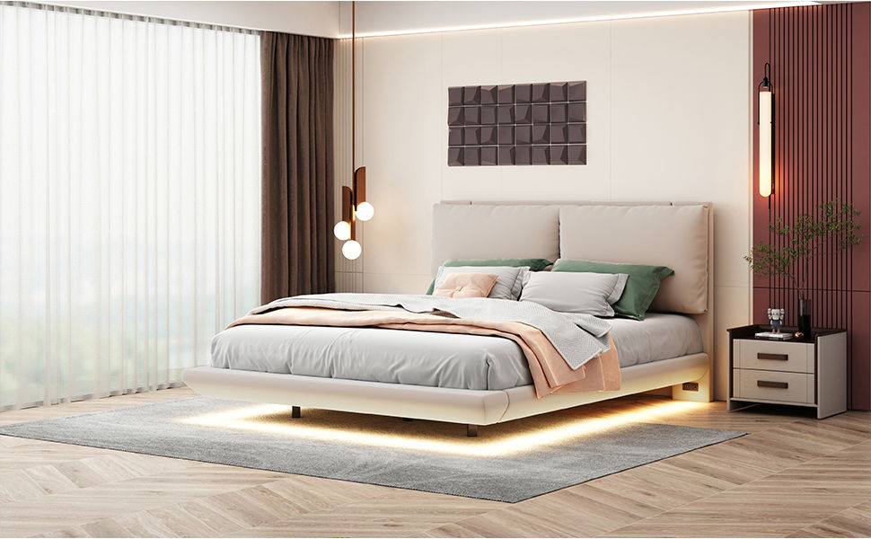 Upholstered Platform Bed With Sensor Light And 2 Large Backrests, With 2 Sets Of USB Port And Socket On Each Rear Bed Leg