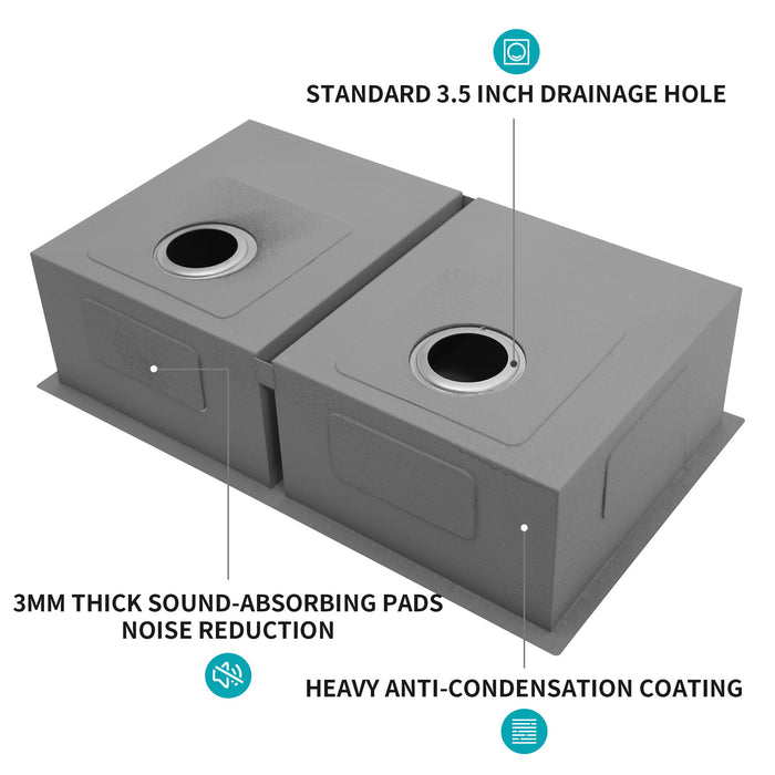 16 Gauge Undermount Double Bowl Kitchen Sink With 9" Deep Bowls - Brushed Nickel