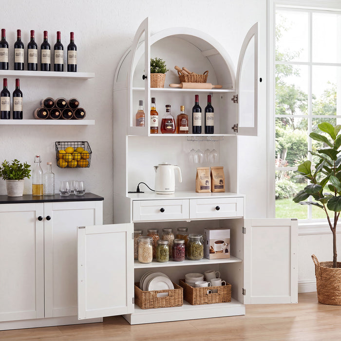 Tall Arched Pantry Cabinet With Charging Station, Adjustable Shelves, Coffee Bar