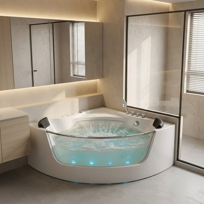 Revive - Massage Bathtub With 1.5 Hp Whirlpool Massage, Hidden Waterfall, LED Bubble Jets And Glass Accent - White