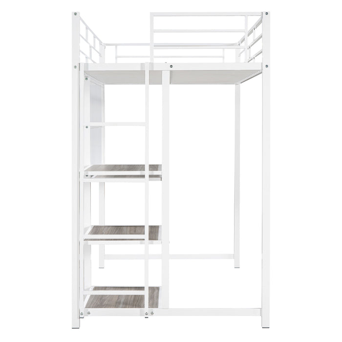 Metal Loft Bed With Desk, 3 Shelves And Ladder