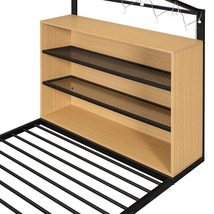 Bed House Frame With Shelves And Lights