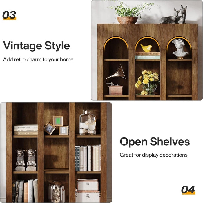 5 Tier Farmhouse Arched Bookcase For Living Room - Rustic Brown