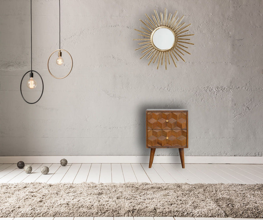 Cube Carved Bedside Table Nightstand - Chestnut