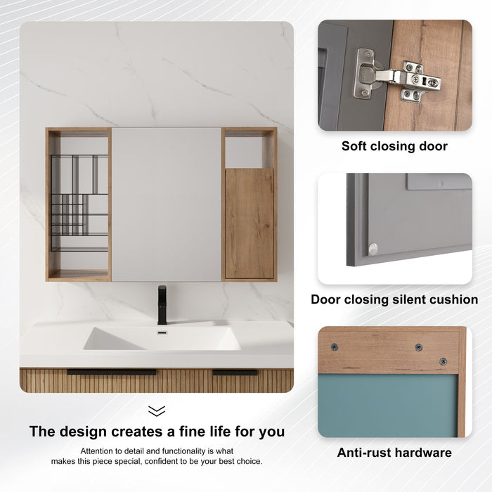 Wall Mounted Bathroom Mirror Cabinet & Adjustable Shelves Storage Cabinet - Imitative Oak
