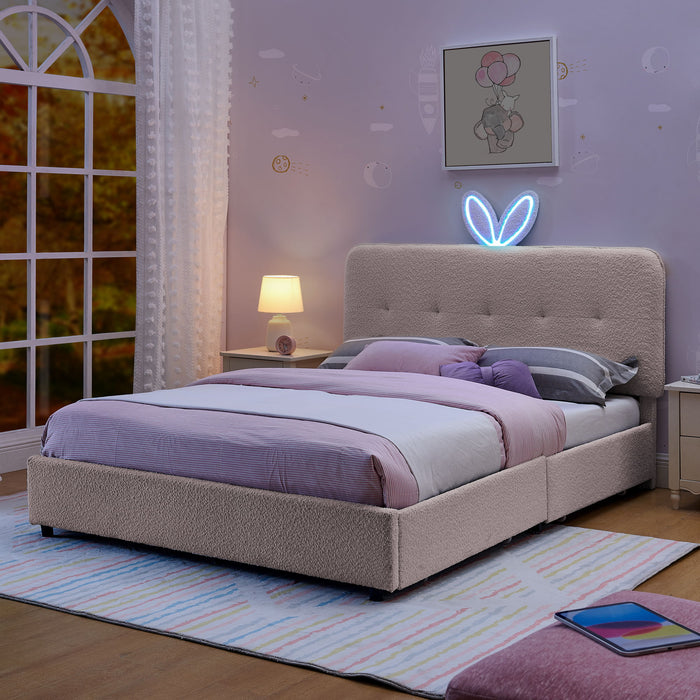 Upholstered Bed With Oversized Rabbit Ear Headboard, LED Lights & 4 Storage Drawers
