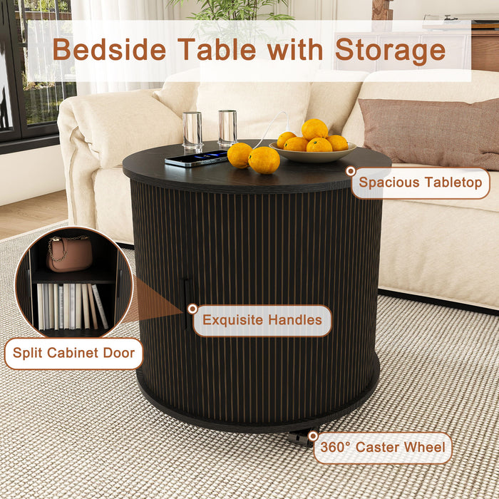 Cylinder Nightstand With Charging Station & Sliding Door