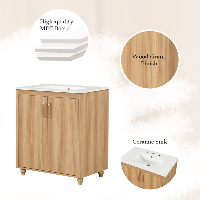 30" Bathroom Vanity With Sink, Cabinet With Doors And Drawer, Rectangular Shape - Natural