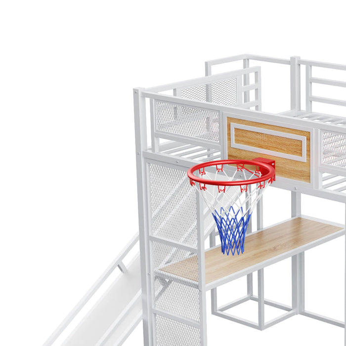 Loft Bed With Built In Desk, Open Wardrobe, Basketball Hoop, Slide And Staircase
