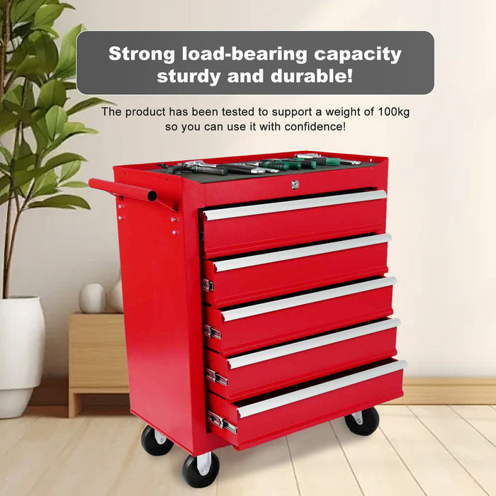 5 Drawer Metal Rolling Tool Chest With Locking System And Wheels - Red