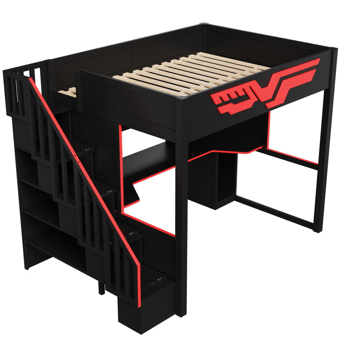 Full Gaming Loft Bed With Desk And Storage Staircase, LED Lights And USB - Red / Black