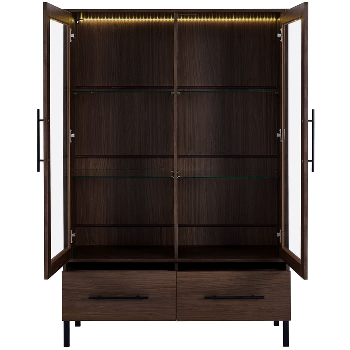 Modern Style Tall Display Cabinet With LED Lighting, Tempered Glass Door, 2 Drawers