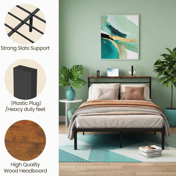 Platform Bed Frame With Charging Station & Headboard Storage