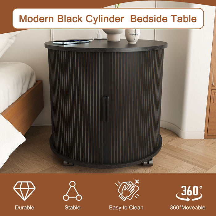 Cylinder Nightstand With Charging Station & Sliding Door
