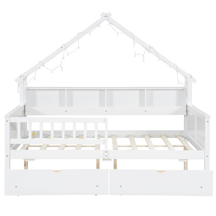 House Style Platform Bed With LED Lights, Storage Shelves, Drawers, And Guardrail