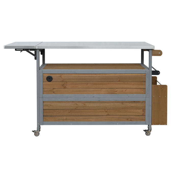 Foldable Outdoor Kitchen Island With Lockable Wheels, Storage Cabinet And Towel Rack For Patio