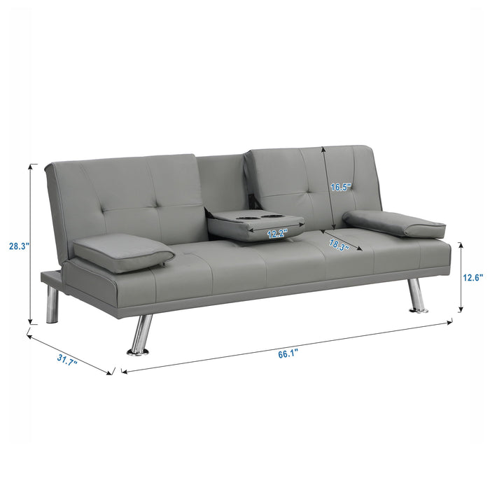 Sofa Bed With Armrest Two Holders Wood Frame, Stainless Leg Futon - Gray