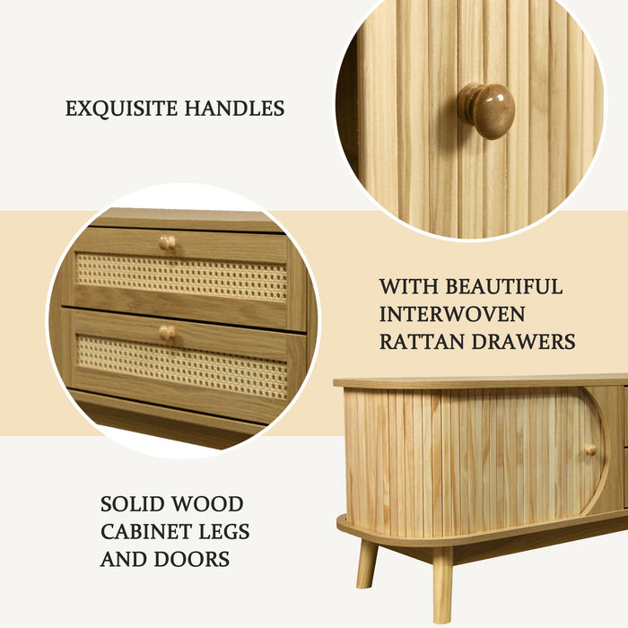 Rattan TV Stand For Tvs Up To 75'', Modern Farmhouse Media Console, Entertainment Center With Legs, TV Cabinet For Living Room, Home Theatre - Natural Wood