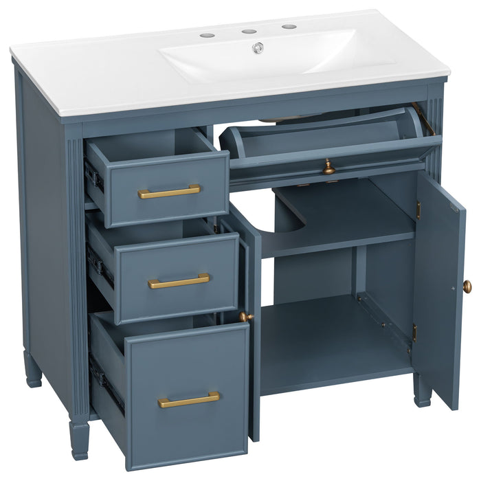 Modern Bathroom Vanity With Ceramic Sink, Freestanding, One Tip Out Drawer, 3 Side Drawers, Adjustable Shelf