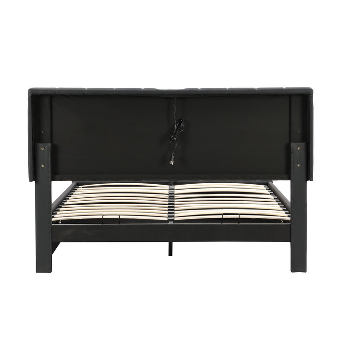 Upholstered Bed With Hydraulic Storage System And LED Light, With Sockets And USB Ports